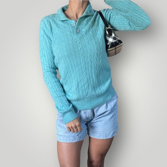 Vintage Bass Cable Knit Sweater Womens M Blue Henley Pullover Soft Y2K Preppy - Picture 1 of 7